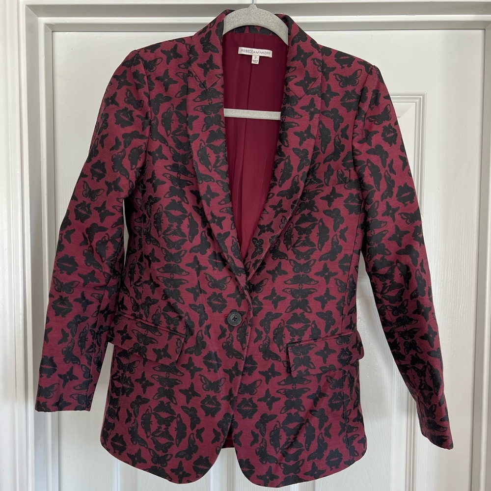 Rebecca Minkoff Maroon + Black Butterfly Patterned  Blazer Size 2